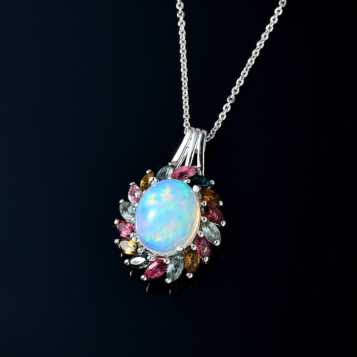 Premium Ethiopian Welo Opal and Multi-Tourmaline Floral Pendant Necklace 20 Inches in Platinum Over Sterling Silver 3.50 ctw image number 1