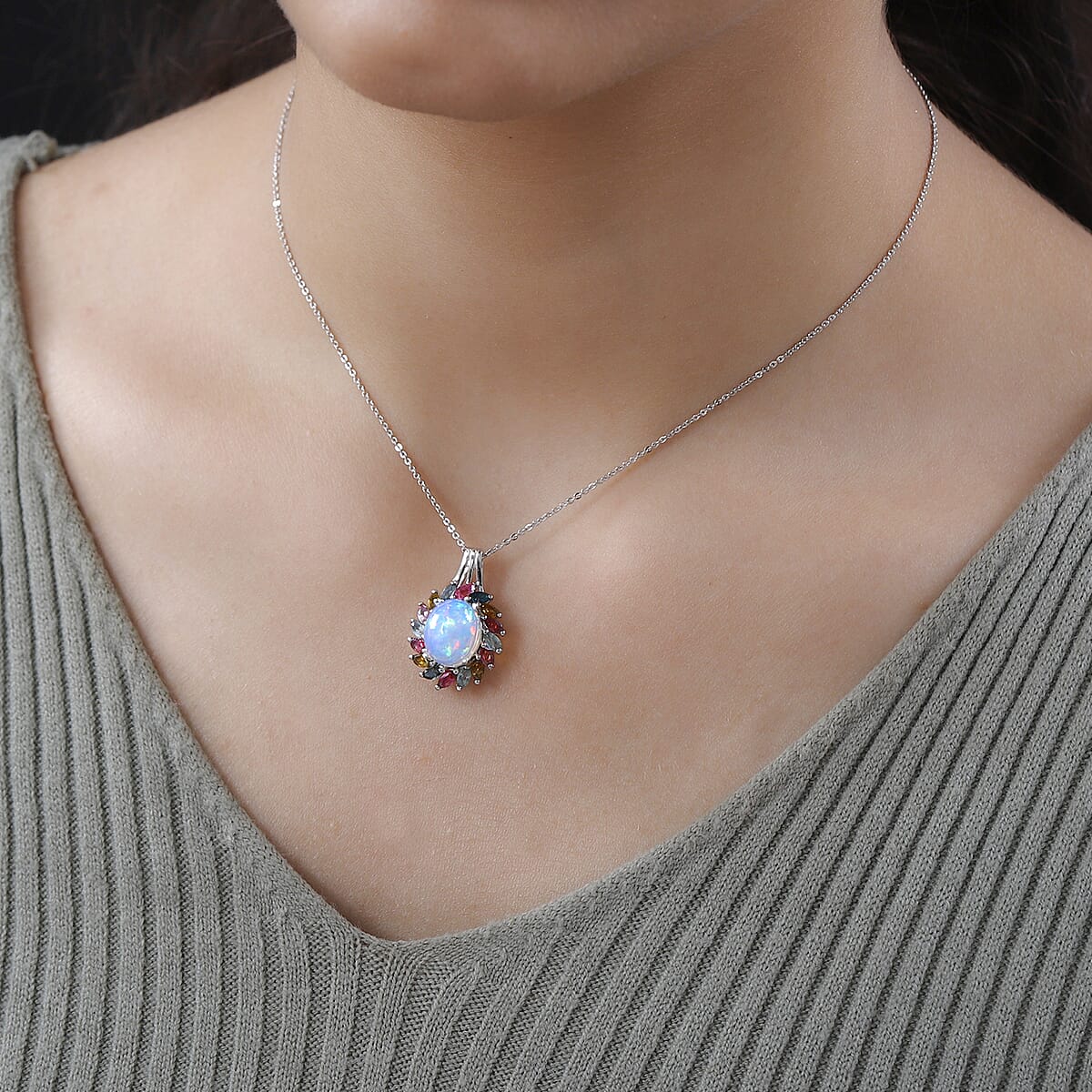 Premium Ethiopian Welo Opal and Multi-Tourmaline Floral Pendant Necklace 20 Inches in Platinum Over Sterling Silver 3.50 ctw image number 2