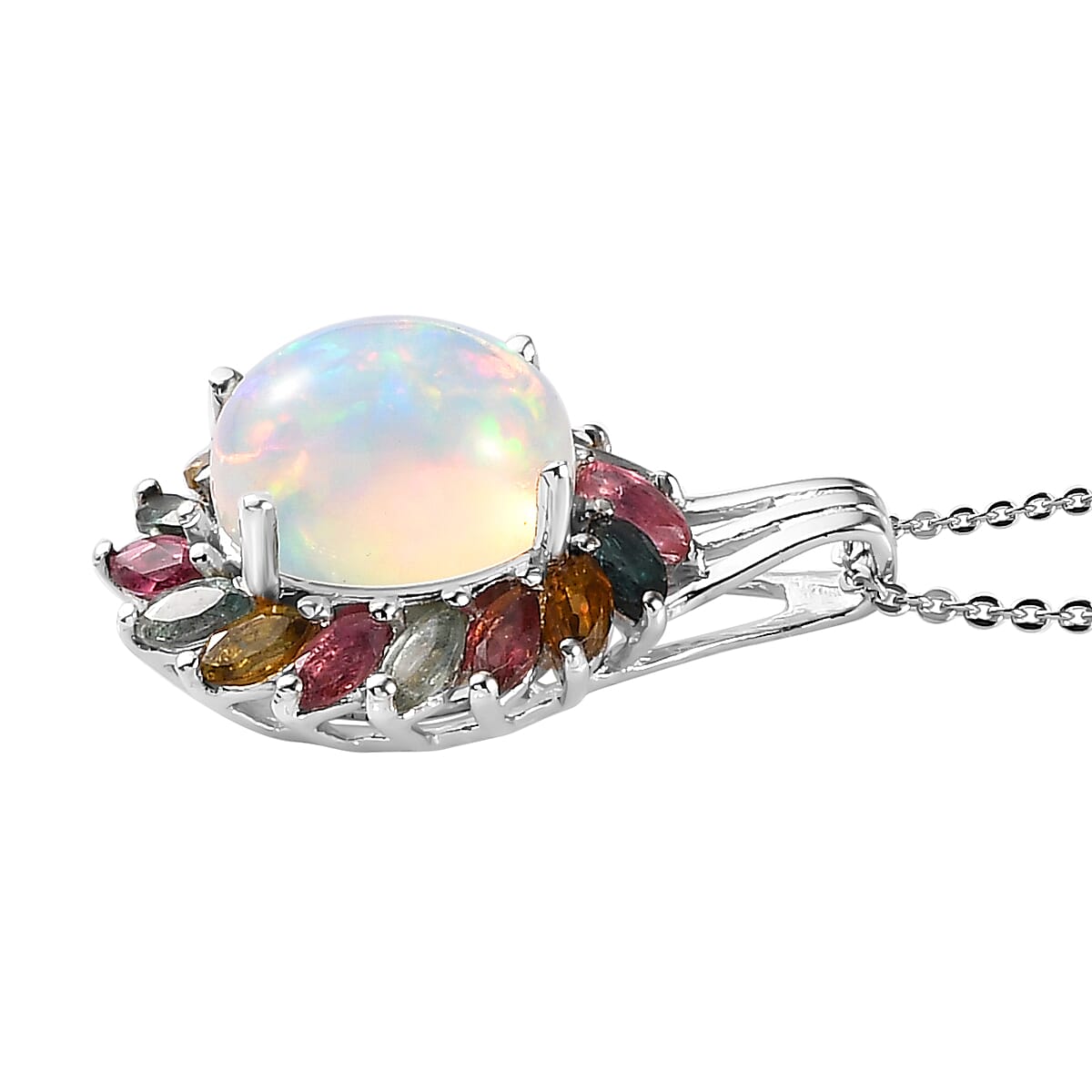 Premium Ethiopian Welo Opal and Multi-Tourmaline Floral Pendant Necklace 20 Inches in Platinum Over Sterling Silver 3.50 ctw image number 3