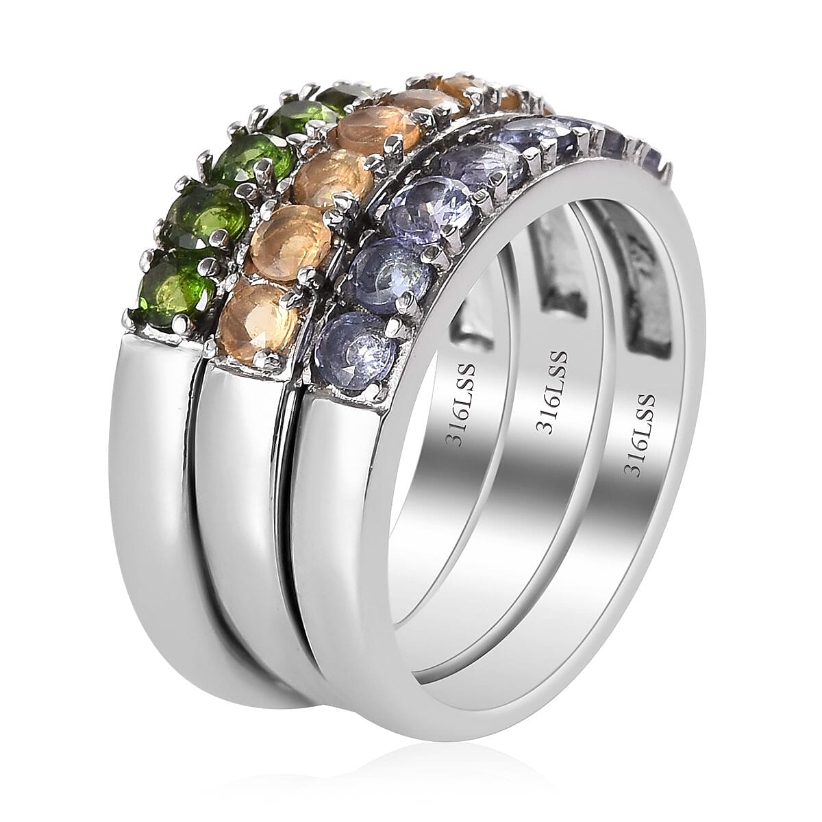 Doorbuster Set of 3 Tanzanite, Natural Chrome Diopside, Jalisco Fire Opal 7 Stone Stackable Ring in Stainless Steel (Size 5.00) 1.25 ctw image number 3