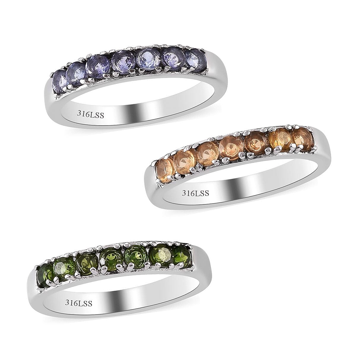 Doorbuster Set of 3 Tanzanite, Natural Chrome Diopside, Jalisco Fire Opal 7 Stone Stackable Ring in Stainless Steel (Size 5.00) 1.25 ctw image number 5