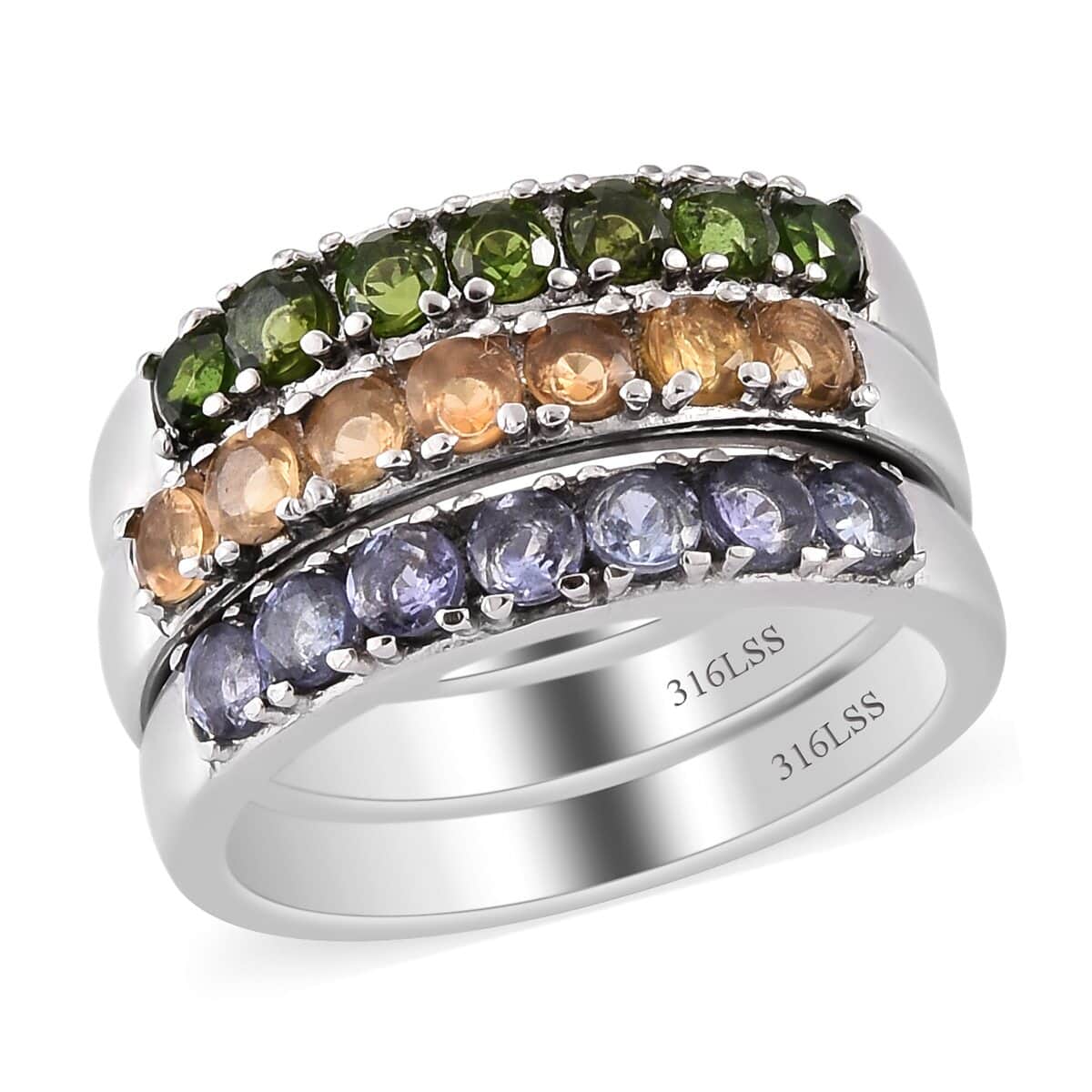 Set of 3 Tanzanite, Chrome Diopside, Jalisco Fire Opal Stackable Ring in Stainless Steel (Size 6.00) 1.25 ctw image number 0