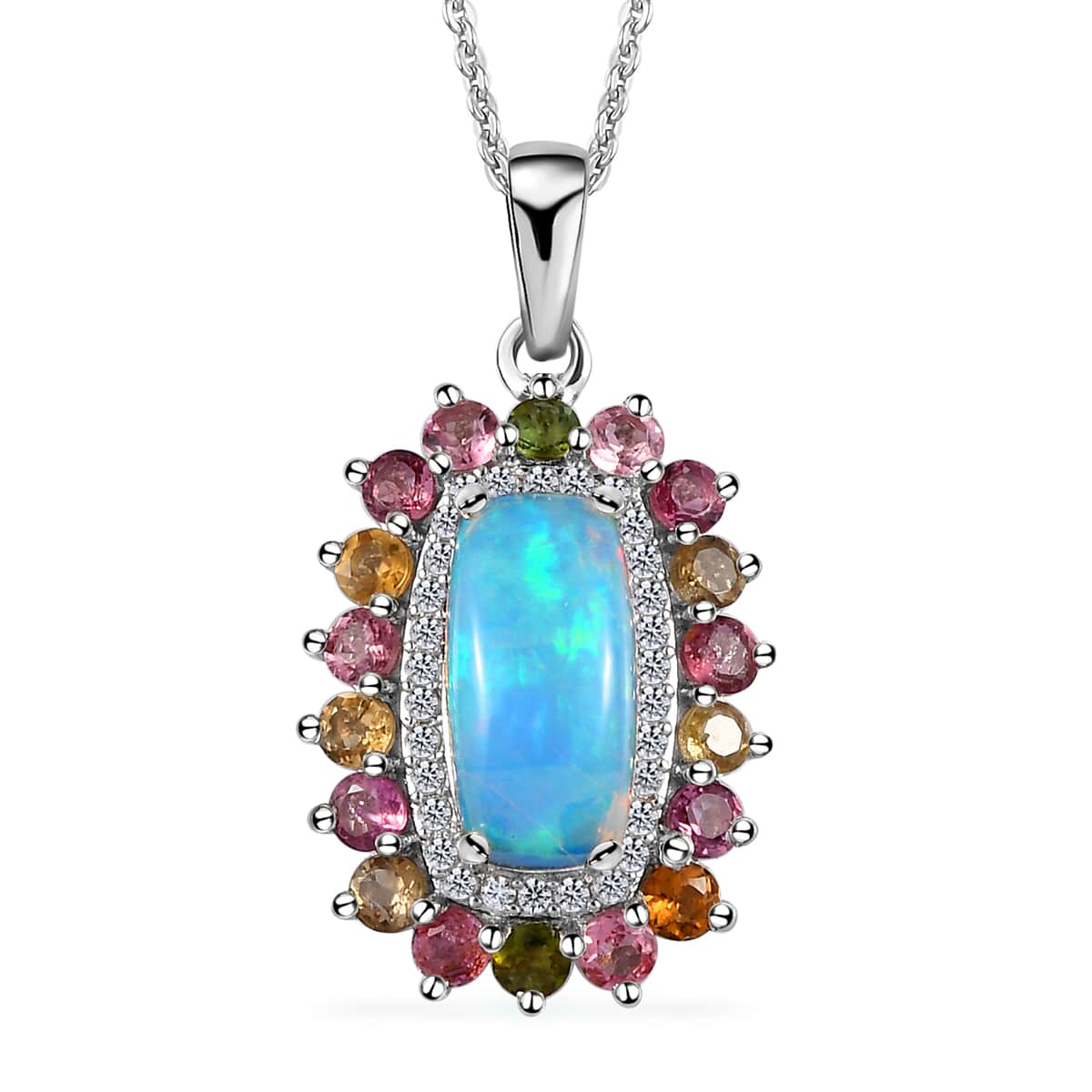 Premium Ethiopian Welo Opal, Multi-Tourmaline and Natural White Zircon Cocktail Pendant Necklace 20 Inches in Platinum Over Sterling Silver 3.10 ctw image number 0