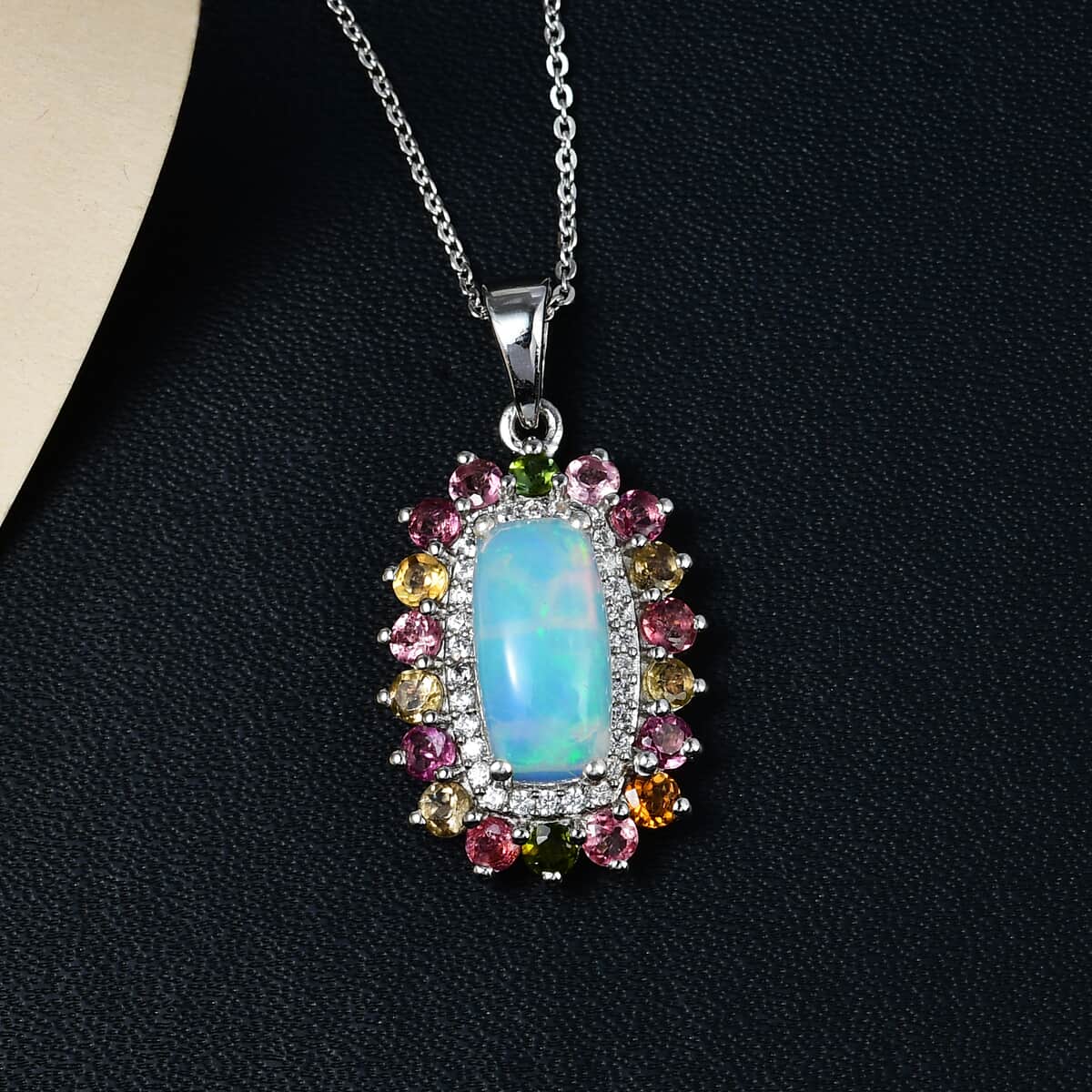 Premium Ethiopian Welo Opal, Multi-Tourmaline and Natural White Zircon Cocktail Pendant Necklace 20 Inches in Platinum Over Sterling Silver 3.10 ctw image number 1