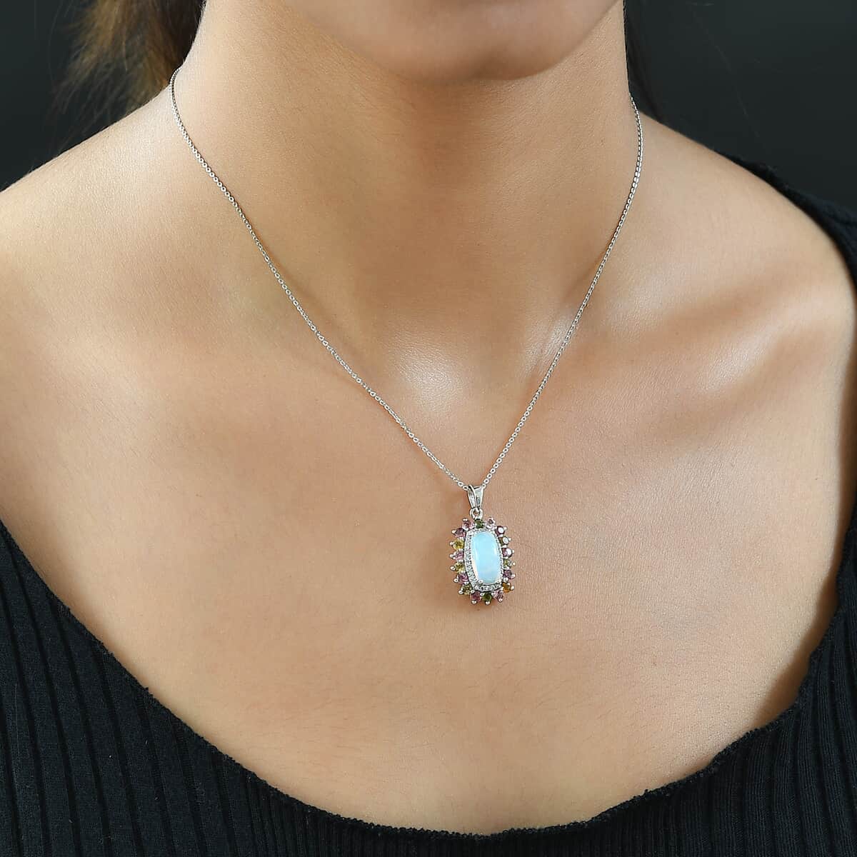 Premium Ethiopian Welo Opal, Multi-Tourmaline and Natural White Zircon Cocktail Pendant Necklace 20 Inches in Platinum Over Sterling Silver 3.10 ctw image number 2