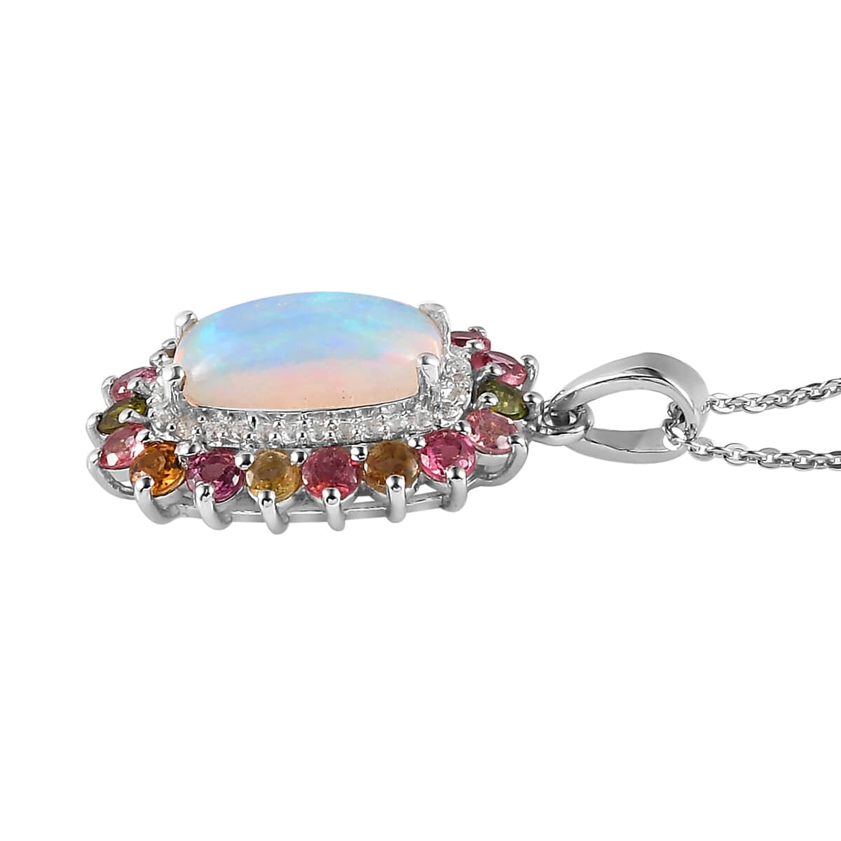 Premium Ethiopian Welo Opal, Multi-Tourmaline and Natural White Zircon Cocktail Pendant Necklace 20 Inches in Platinum Over Sterling Silver 3.10 ctw image number 3