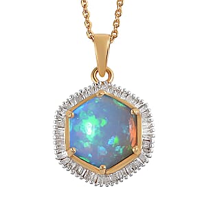 Premium Ethiopian Welo Opal and Diamond Pendant Necklace 20 Inches in Vermeil Yellow Gold Over Sterling Silver 2.90 ctw