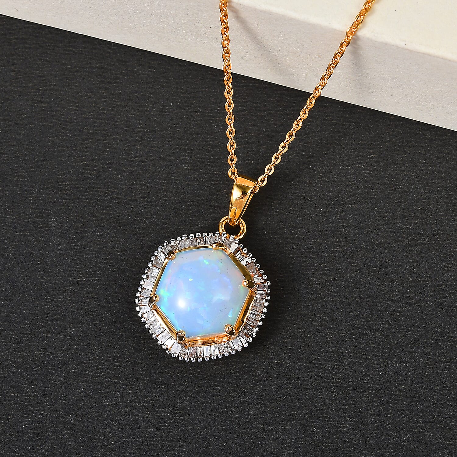 Premium Ethiopian Welo Opal and Diamond Pendant Necklace 20 Inches in Vermeil Yellow Gold Over Sterling Silver 2.90 ctw