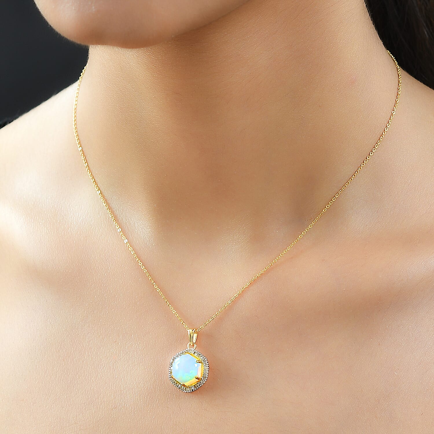 Premium Ethiopian Welo Opal and Diamond Pendant Necklace 20 Inches in Vermeil Yellow Gold Over Sterling Silver 2.90 ctw