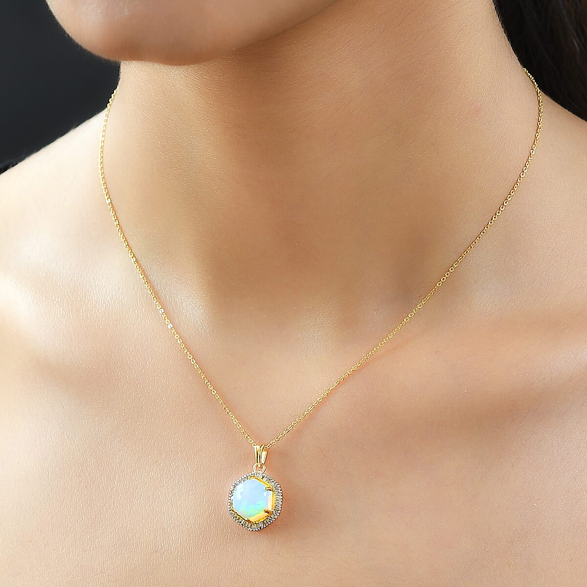 Premium Ethiopian Welo Opal and Diamond Pendant Necklace 20 Inches in Vermeil Yellow Gold Over Sterling Silver 2.90 ctw image number 2