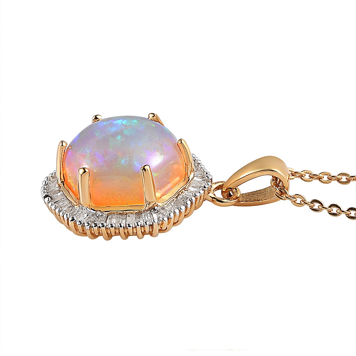 Premium Ethiopian Welo Opal and Diamond Pendant Necklace 20 Inches in Vermeil Yellow Gold Over Sterling Silver 2.90 ctw