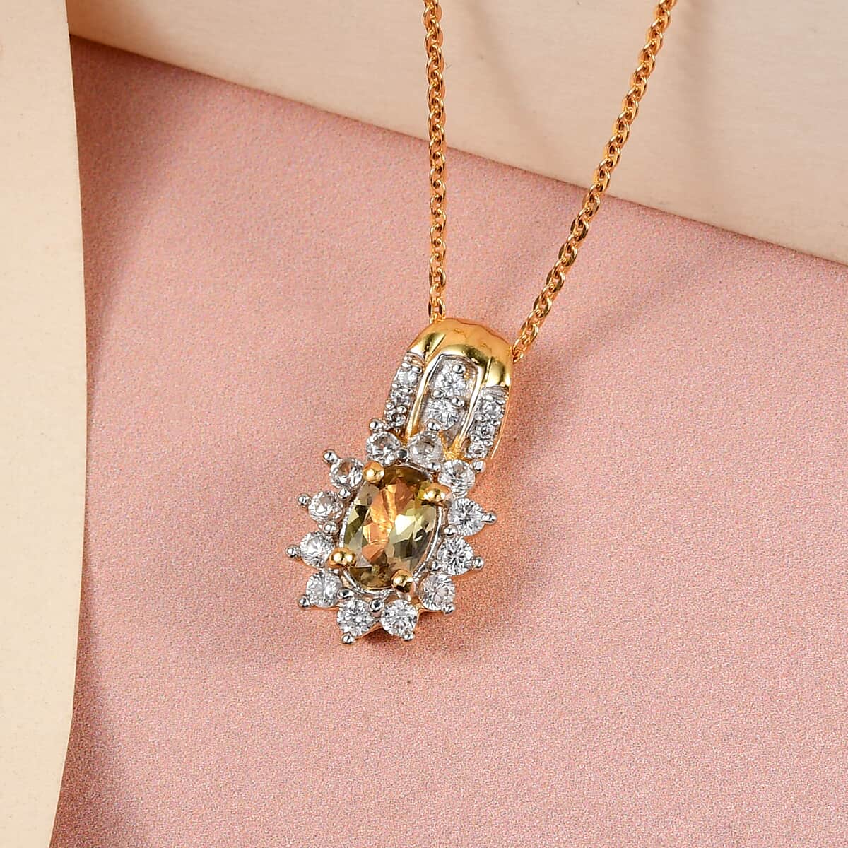 Golden Tanzanite and White Zircon Sunburst Pendant Necklace 20 Inches in Vermeil Yellow Gold Over Sterling Silver 0.90 ctw image number 1