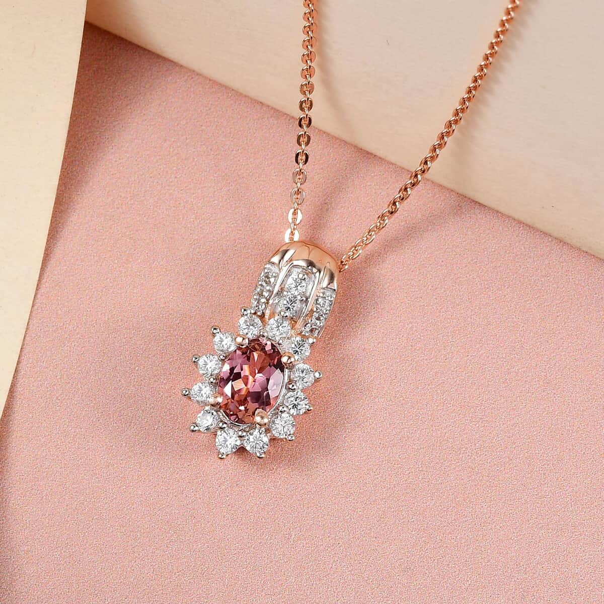 Blush Tourmaline and White Zircon Sunburst Pendant Necklace 20 Inches in Vermeil Rose Gold Over Sterling Silver 1.00 ctw image number 1