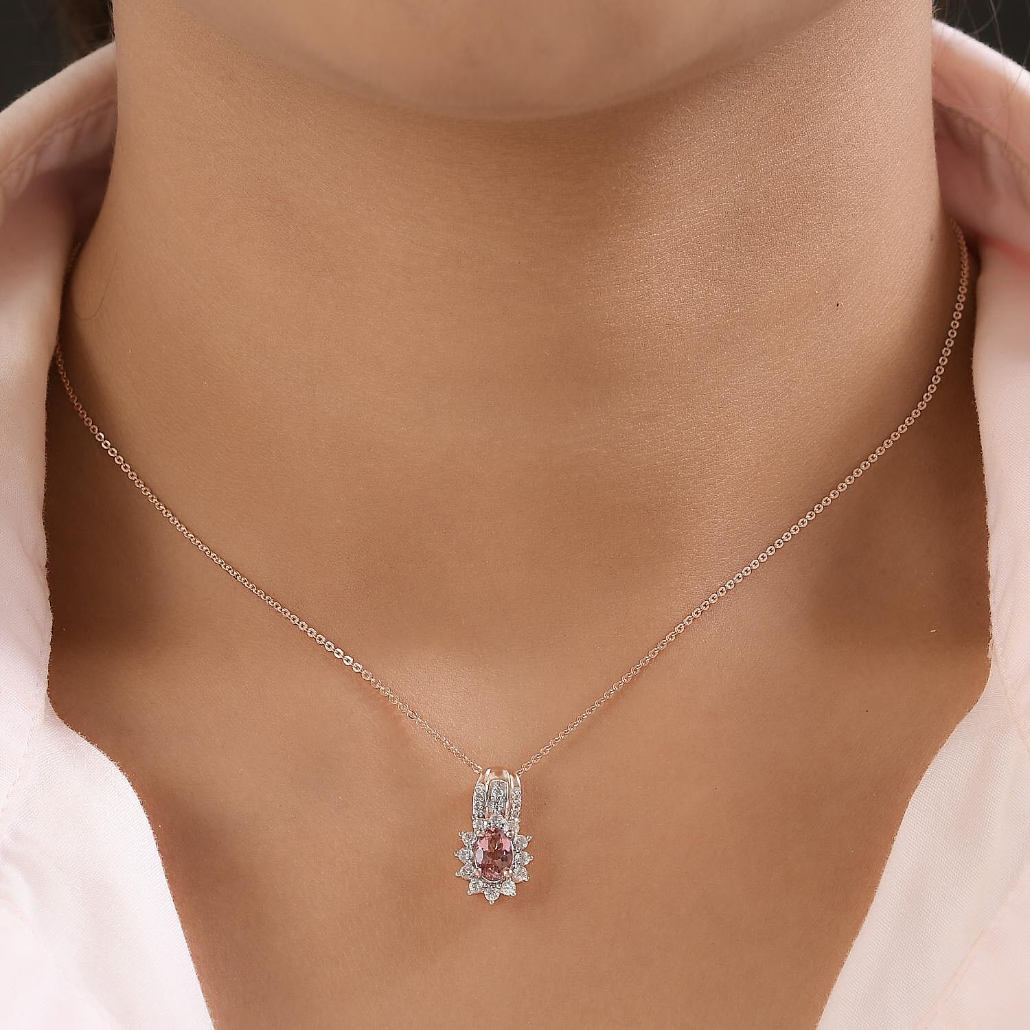 Blush Tourmaline and White Zircon Sunburst Pendant Necklace 20 Inches in Vermeil Rose Gold Over Sterling Silver 1.00 ctw