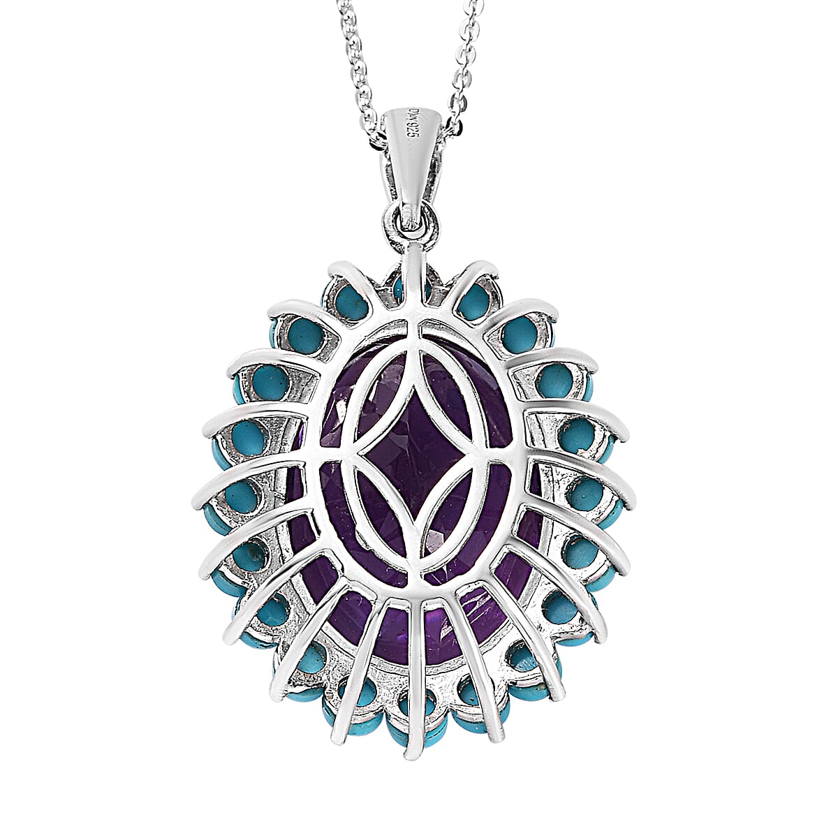 African Amethyst and Natural Sleeping Beauty Turquoise Floral Pendant Necklace 20 Inches in Platinum Over Sterling Silver 19.00 ctw