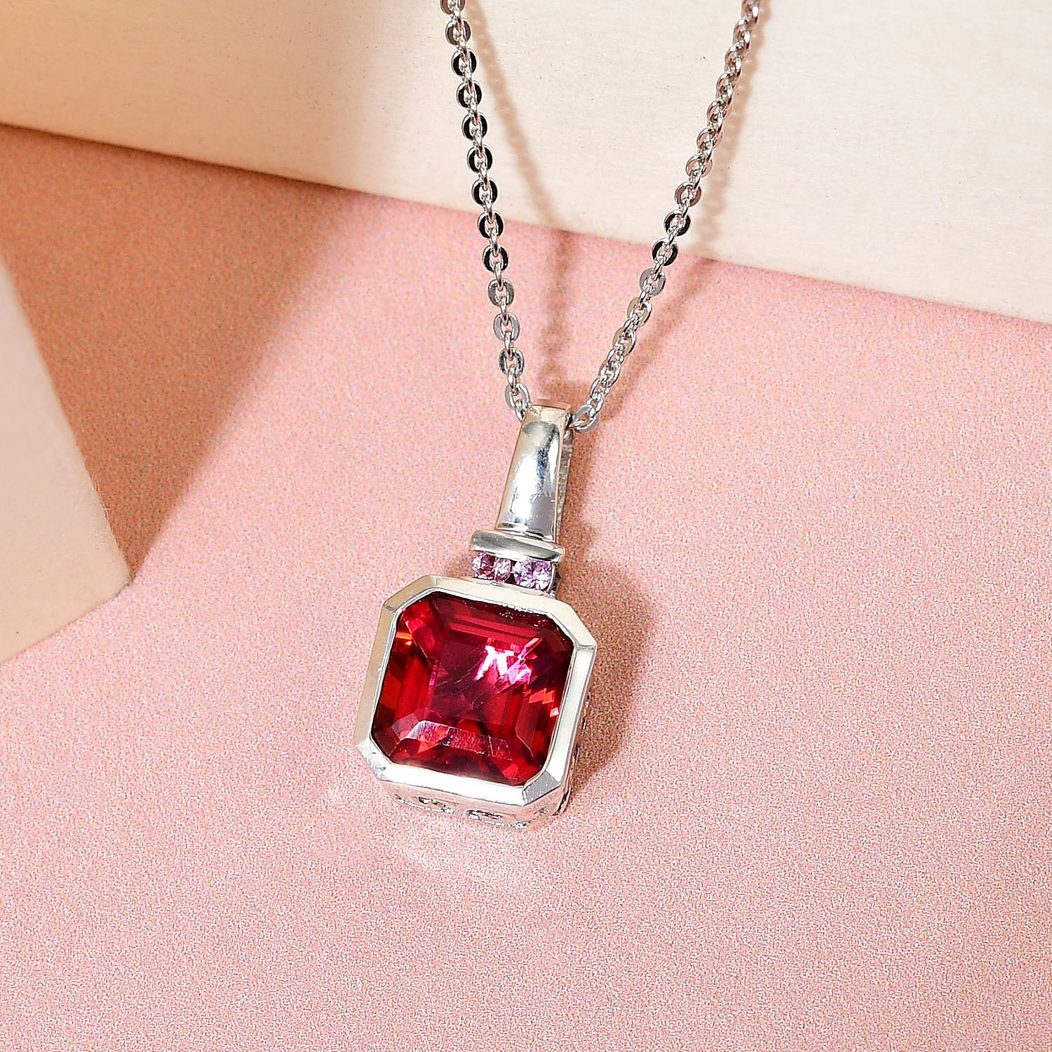 Asscher Cut Brazilian Pink Petalite and Madagascar Pink Sapphire Pendant Necklace 20 Inches in Platinum Over Sterling Silver 1.50 ctw