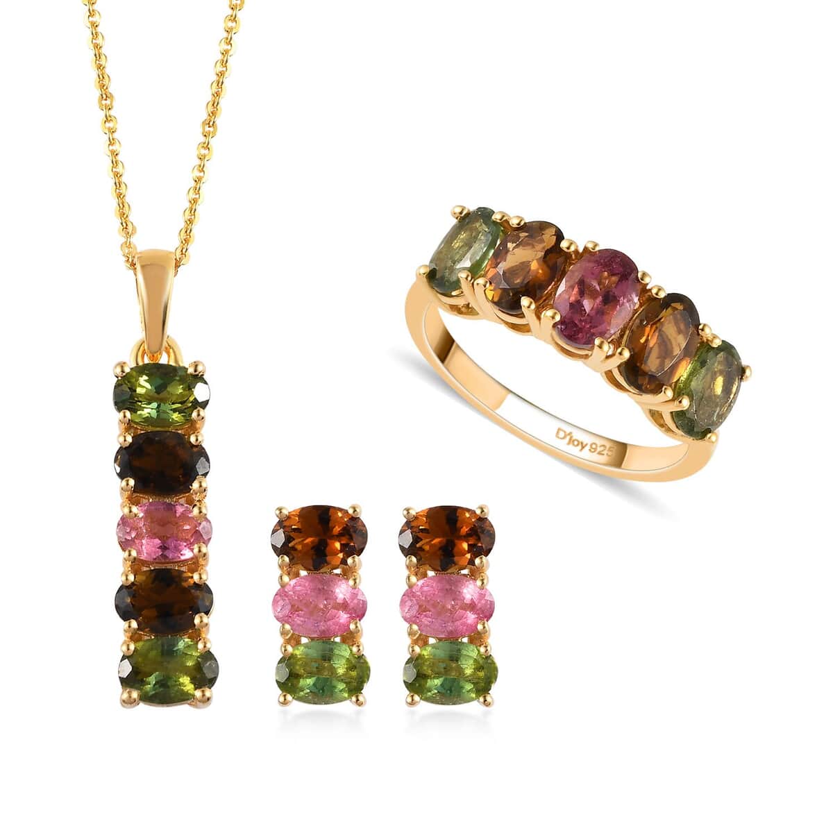 Multi-Tourmaline Ring (Size 8.00) Earrings and Pendant Necklace 20 Inches in Vermeil Yellow Gold Over Sterling Silver 7.35 Grams 7.25 ctw image number 0