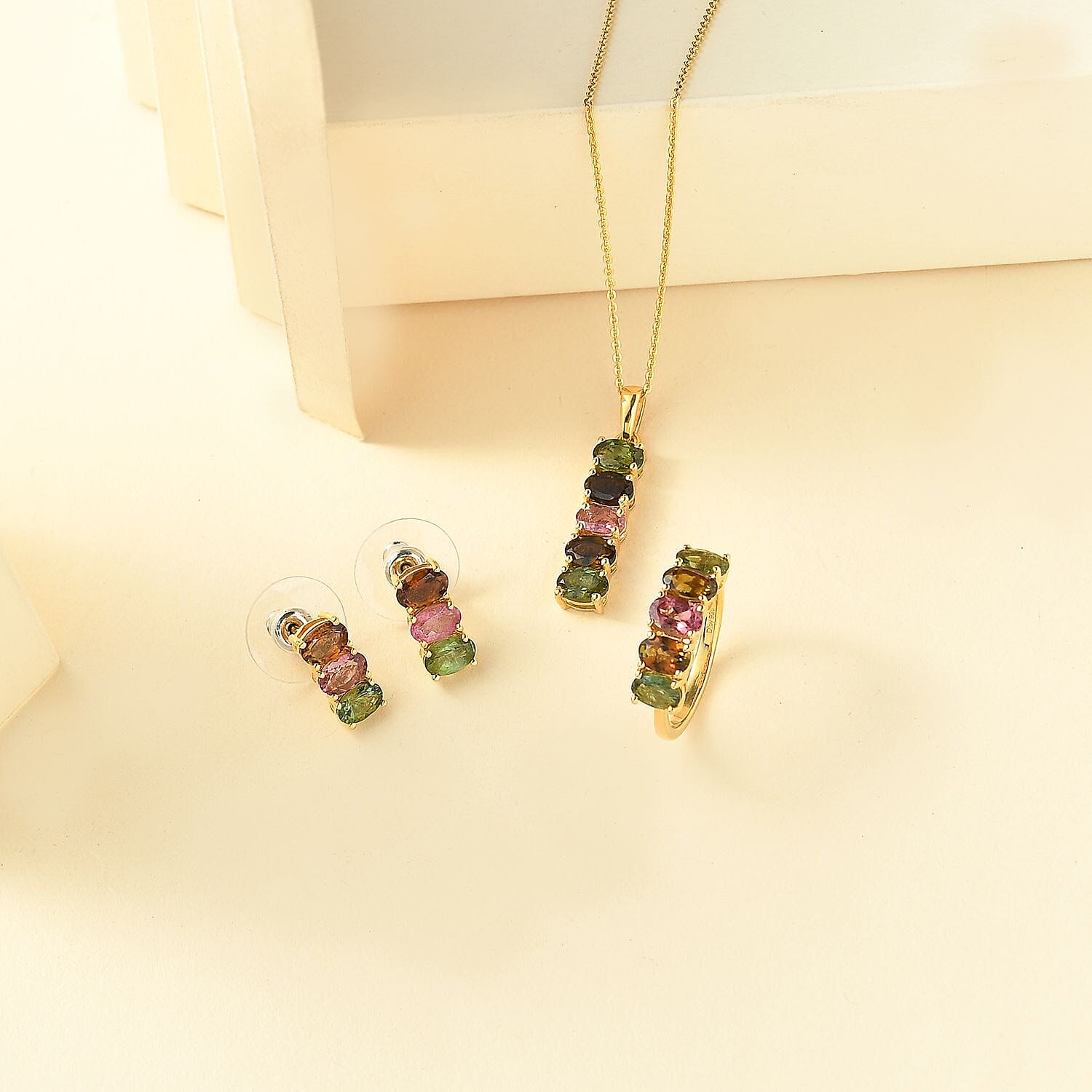 Multi-Tourmaline 5 Stone Ring (Size 8.00) Dangle Earrings and Pendant Necklace 20 Inches in Vermeil Yellow Gold Over Sterling Silver 7.35 Grams 7.25 ctw