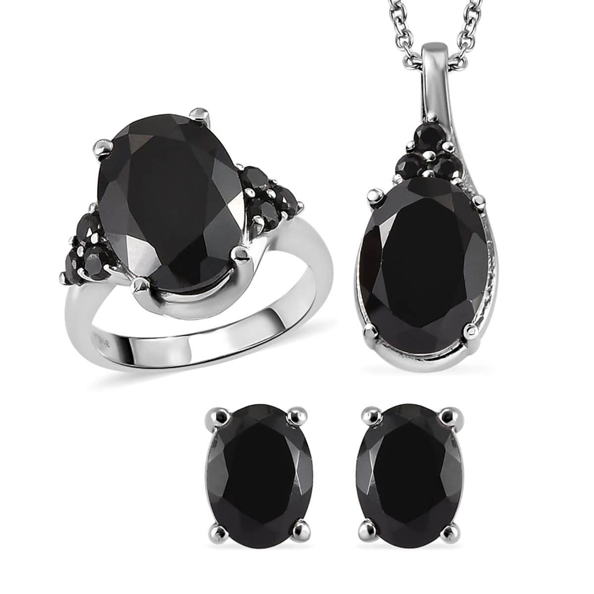 Natural Thai Black Spinel Solitaire Ring , Stud Earrings and Pendant Necklace 20 Inches in Stainless Steel 18.60 ctw image number 0
