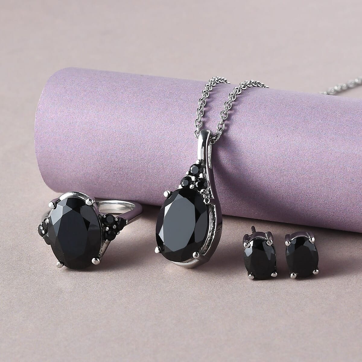 Thai Black Spinel Solitaire Ring (Size 6.0), Stud Earrings and Pendant Necklace 20 Inches in Stainless Steel 18.60 ctw image number 1