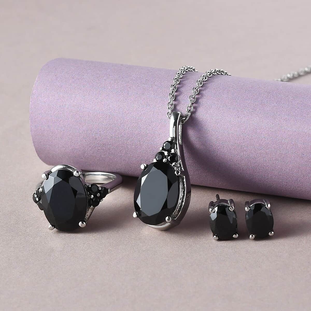 Thai Black Spinel Solitaire Ring (Size 7.0), Stud Earrings and Pendant Necklace 20 Inches in Stainless Steel 18.60 ctw image number 1