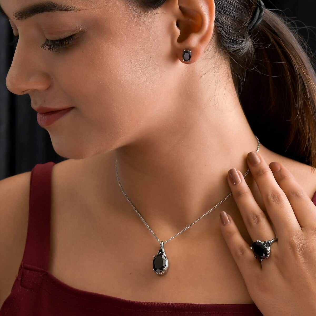 Thai Black Spinel Solitaire Ring (Size 7.0), Stud Earrings and Pendant Necklace 20 Inches in Stainless Steel 18.60 ctw image number 2