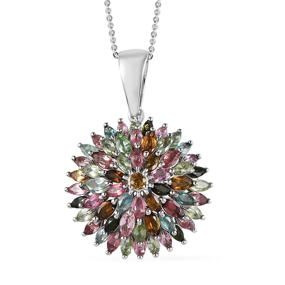 Multi-Tourmaline Floral Spray Pendant Necklace 20 Inches in Platinum Over Sterling Silver 9.35 Grams 4.70 ctw image number 0