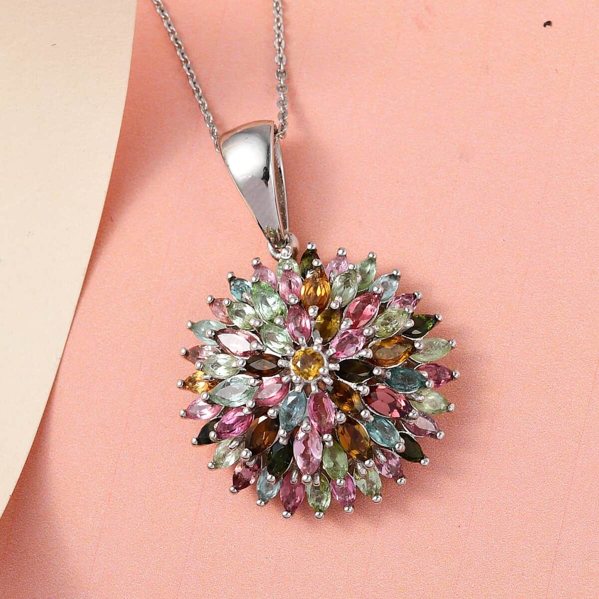 Multi-Tourmaline Floral Spray Pendant Necklace 20 Inches in Platinum Over Sterling Silver 9.35 Grams 4.70 ctw image number 1