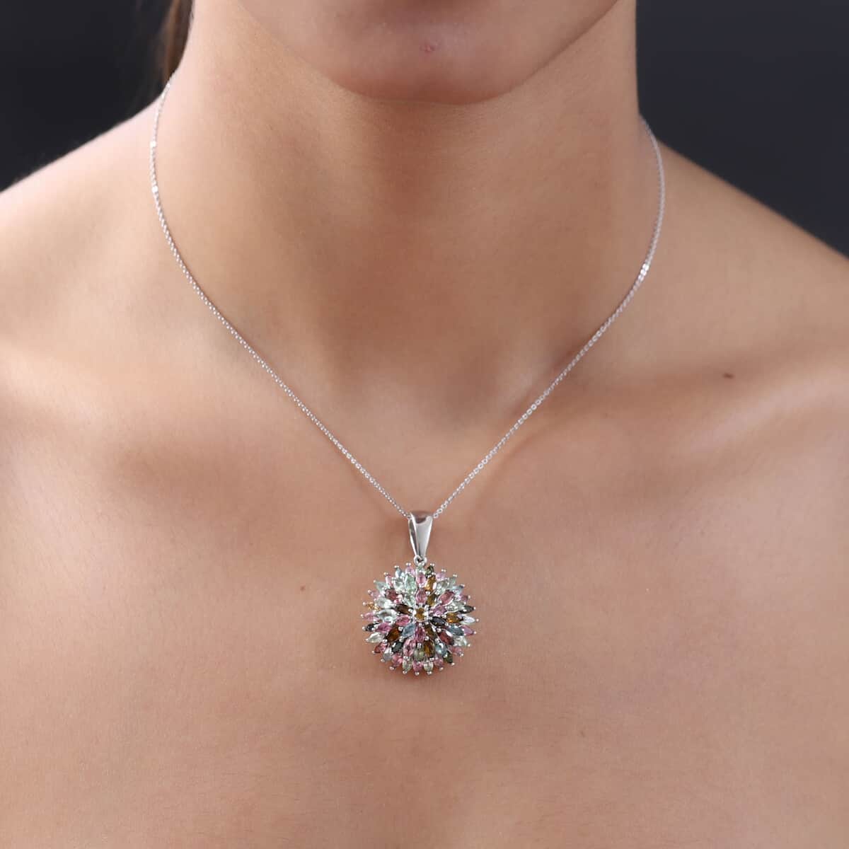 Multi-Tourmaline Floral Spray Pendant Necklace 20 Inches in Platinum Over Sterling Silver 9.35 Grams 4.70 ctw image number 2