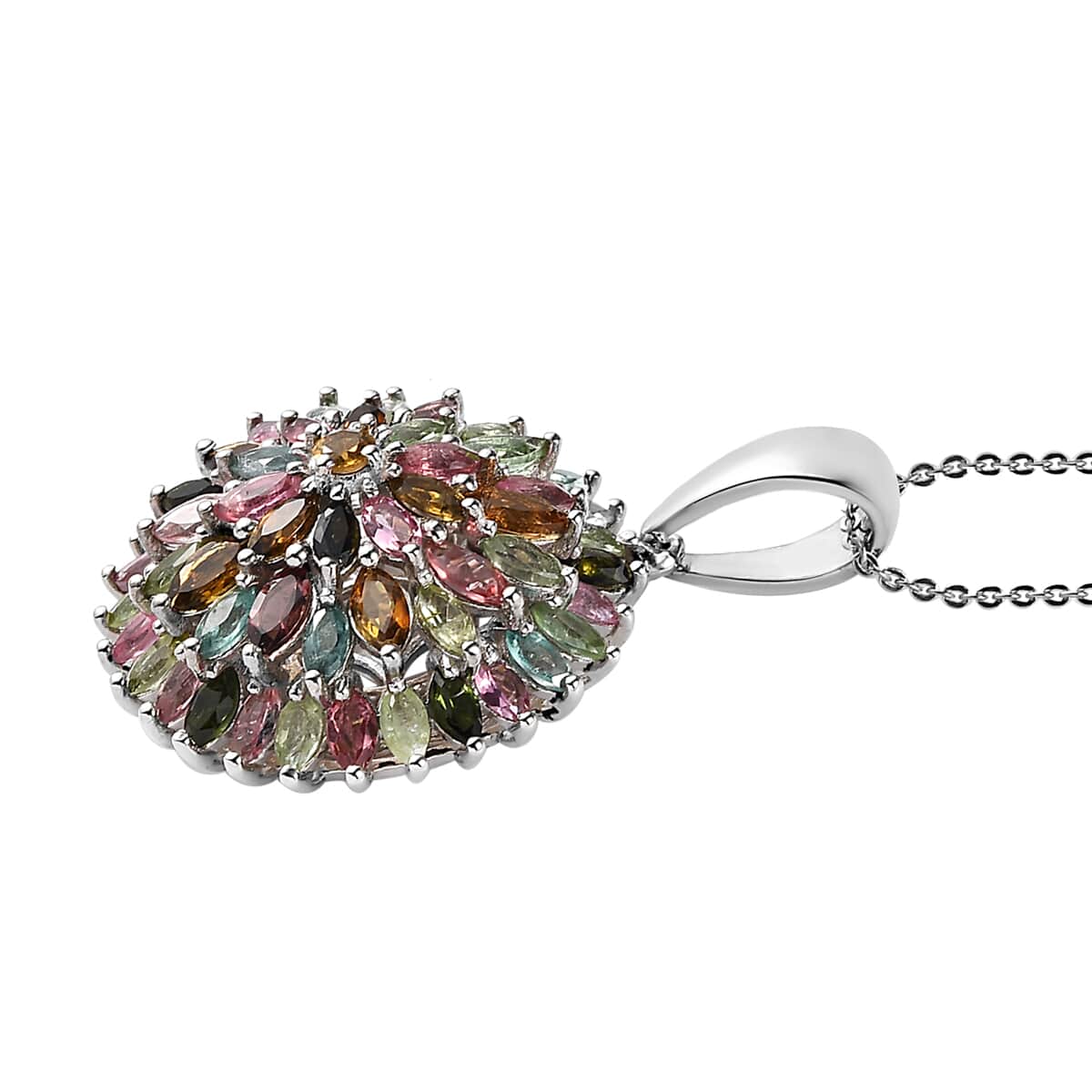 Multi-Tourmaline Floral Spray Pendant Necklace 20 Inches in Platinum Over Sterling Silver 9.35 Grams 4.70 ctw image number 3