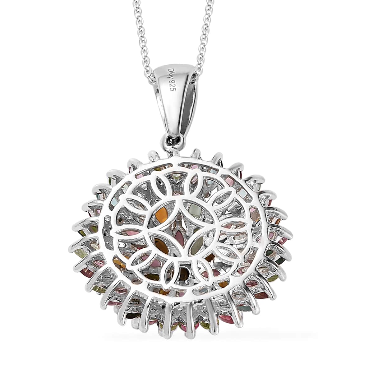 Multi-Tourmaline Floral Spray Pendant Necklace 20 Inches in Platinum Over Sterling Silver 9.35 Grams 4.70 ctw image number 5