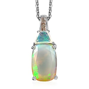 Premium Ethiopian Welo Opal and Natural Champagne Diamond Pendant Necklace 20 Inches in Platinum Over Sterling Silver 2.35 ctw
