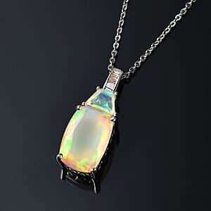 Premium Ethiopian Welo Opal and Natural Champagne Diamond Pendant Necklace 20 Inches in Platinum Over Sterling Silver 2.35 ctw