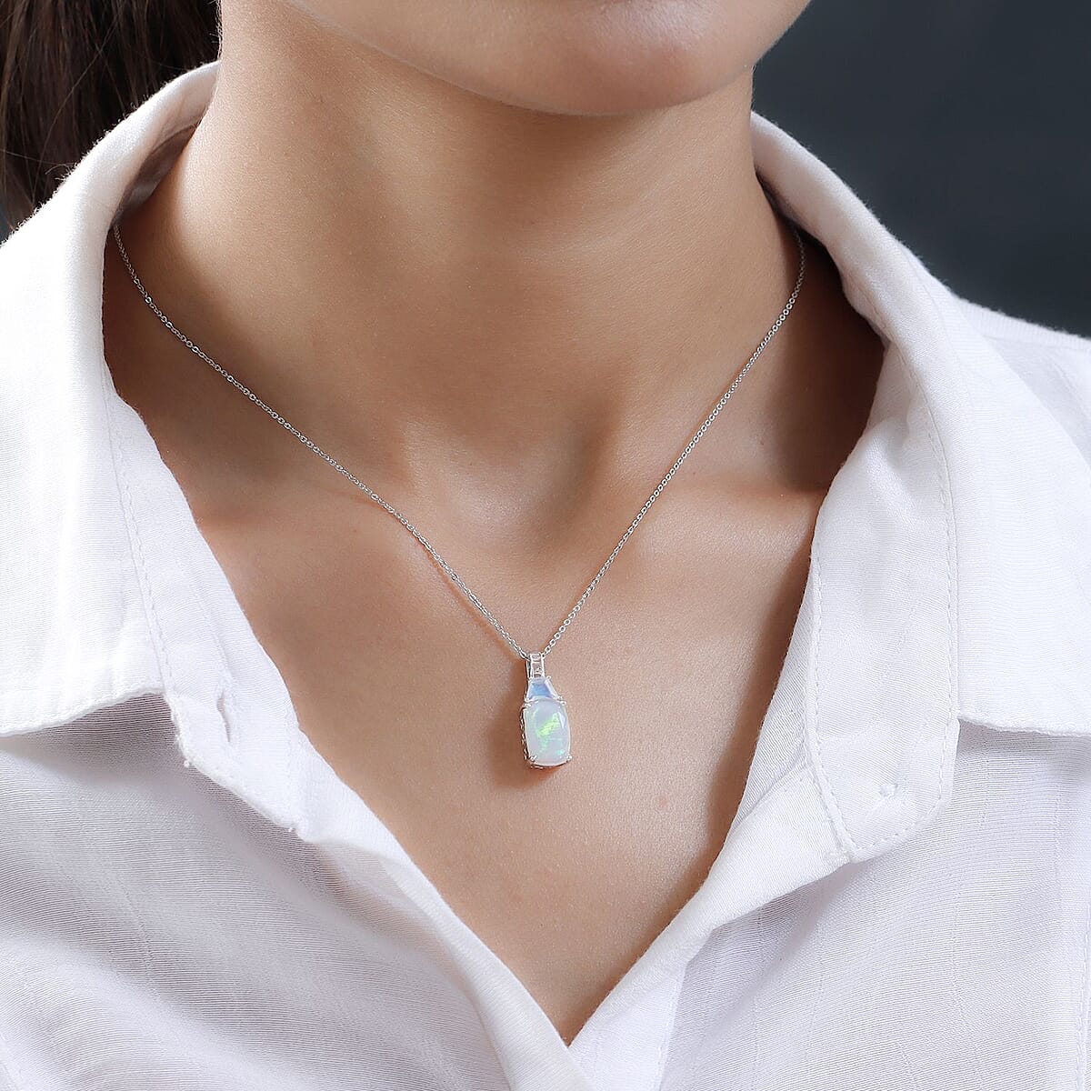 Premium Ethiopian Welo Opal and Natural Champagne Diamond Pendant Necklace 20 Inches in Platinum Over Sterling Silver 2.35 ctw image number 2