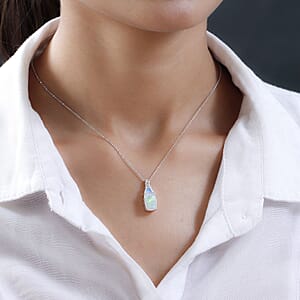 Premium Ethiopian Welo Opal and Natural Champagne Diamond Pendant Necklace 20 Inches in Platinum Over Sterling Silver 2.35 ctw