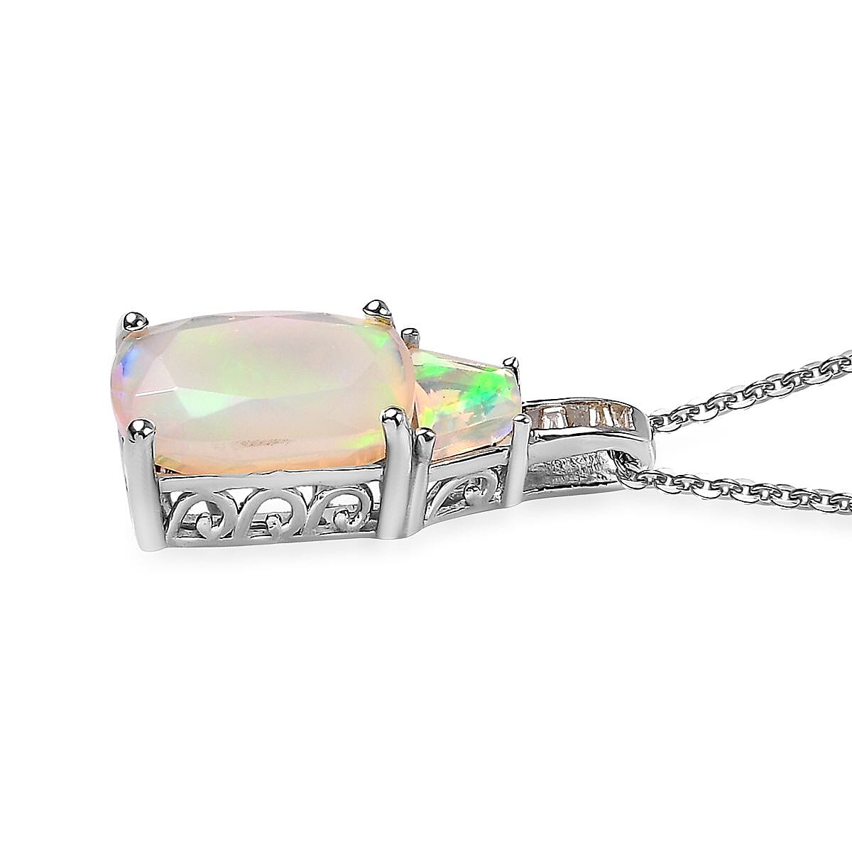 Premium Ethiopian Welo Opal and Natural Champagne Diamond Pendant Necklace 20 Inches in Platinum Over Sterling Silver 2.35 ctw image number 3