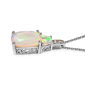 Premium Ethiopian Welo Opal and Natural Champagne Diamond Pendant Necklace 20 Inches in Platinum Over Sterling Silver 2.35 ctw