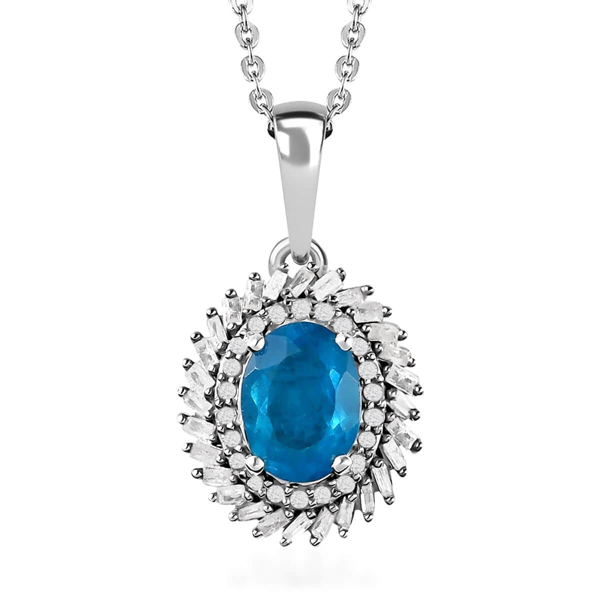 TLV Malgache Neon Apatite, Diamond (0.30 cts) Halo Pendant Necklace (20 Inches) in Platinum Over Sterling Silver 1.50 ctw image number 0