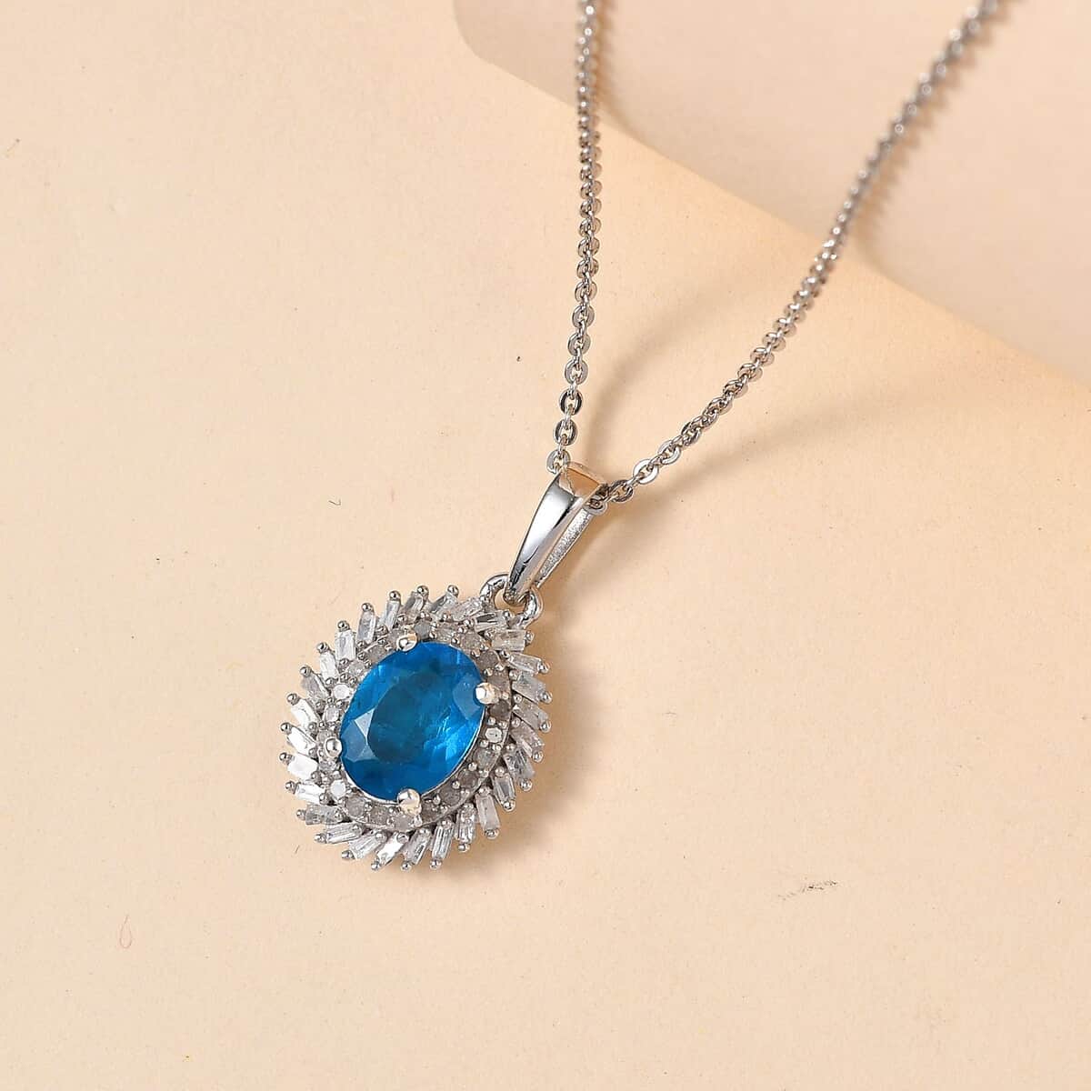 TLV Malgache Neon Apatite, Diamond (0.30 cts) Halo Pendant Necklace (20 Inches) in Platinum Over Sterling Silver 1.50 ctw image number 1