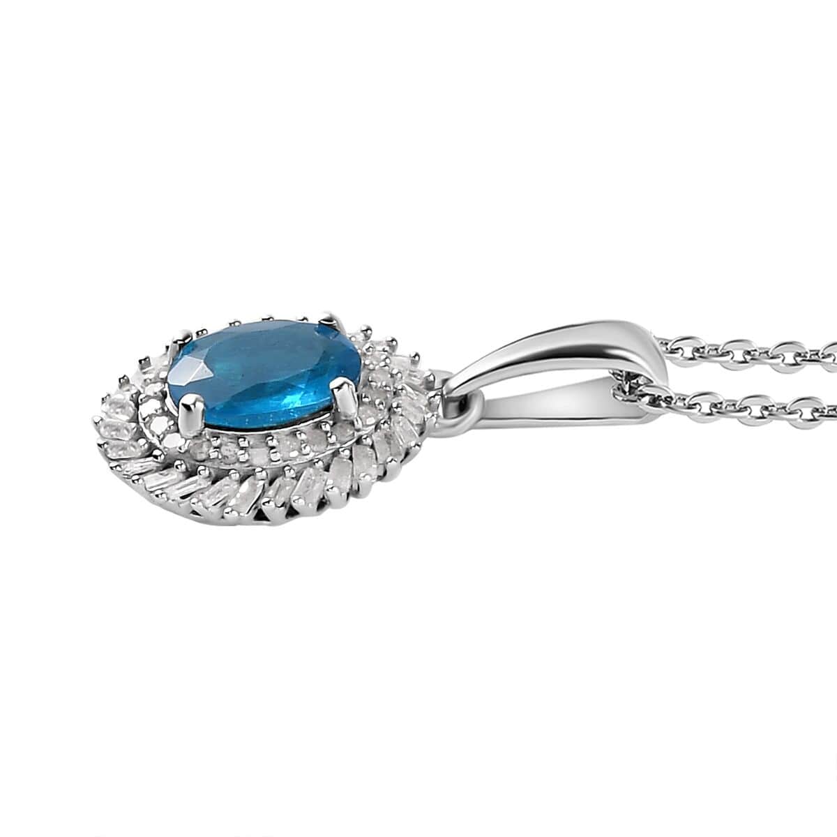 TLV Malgache Neon Apatite, Diamond (0.30 cts) Halo Pendant Necklace (20 Inches) in Platinum Over Sterling Silver 1.50 ctw image number 3