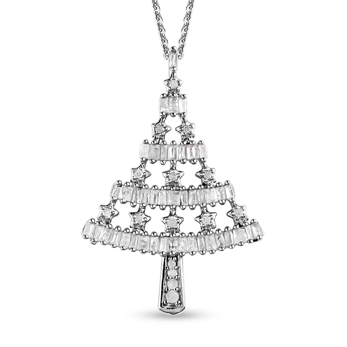 White Diamond Christmas Tree Pendant Necklace 20 Inches in Platinum Over Sterling Silver 0.50 ctw image number 0