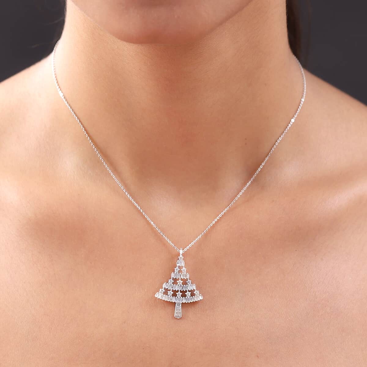 White Diamond Christmas Tree Pendant Necklace 20 Inches in Platinum Over Sterling Silver 0.50 ctw image number 2