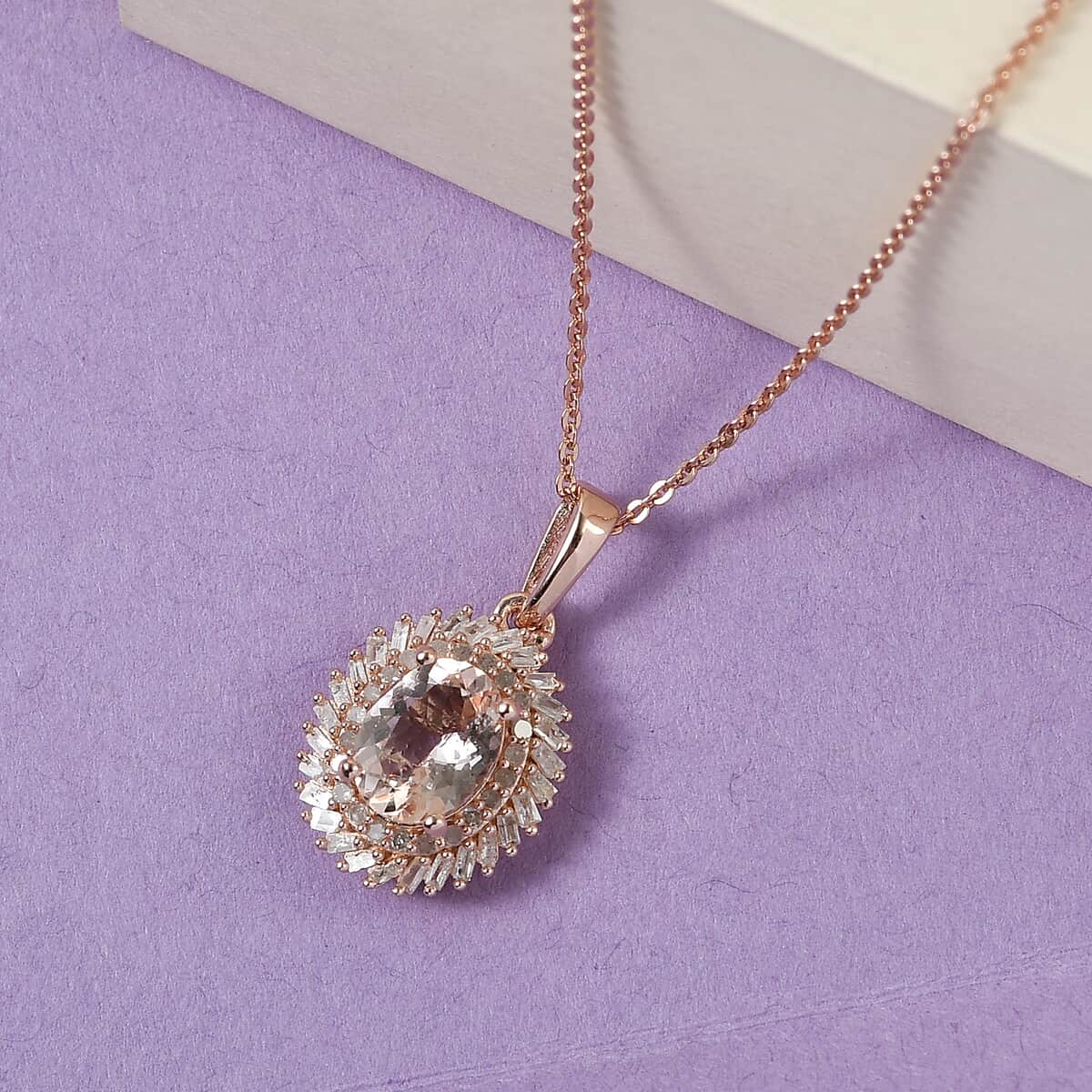 Marropino Morganite and Diamond Double Halo Swirl Pendant Necklace 20 Inches in Vermeil Rose Gold Over Sterling Silver 1.65 ctw image number 1