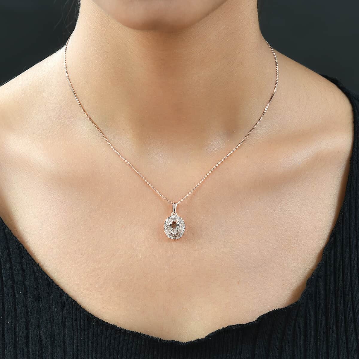 Marropino Morganite and Diamond Double Halo Swirl Pendant Necklace 20 Inches in Vermeil Rose Gold Over Sterling Silver 1.65 ctw image number 2