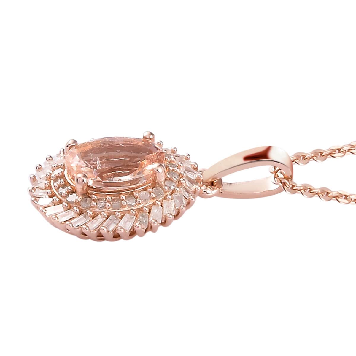 Marropino Morganite and Diamond Double Halo Swirl Pendant Necklace 20 Inches in Vermeil Rose Gold Over Sterling Silver 1.65 ctw image number 3