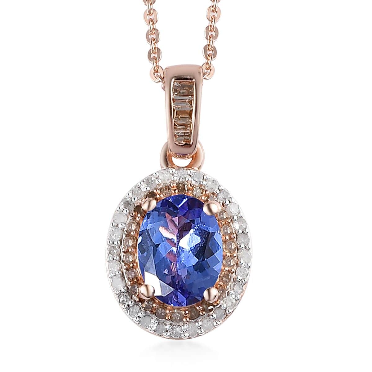 15th Oct TLV Tanzanite, Natural White and Champagne Diamond (0.30 cts) Halo Pendant Necklace (20 Inches) in Vermeil RG Over Sterling Silver 1.40 ctw image number 0