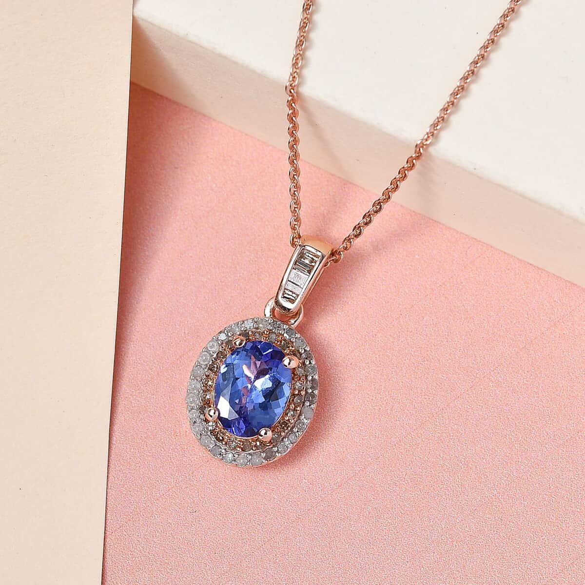 15th Oct TLV Tanzanite, Natural White and Champagne Diamond (0.30 cts) Halo Pendant Necklace (20 Inches) in Vermeil RG Over Sterling Silver 1.40 ctw image number 1