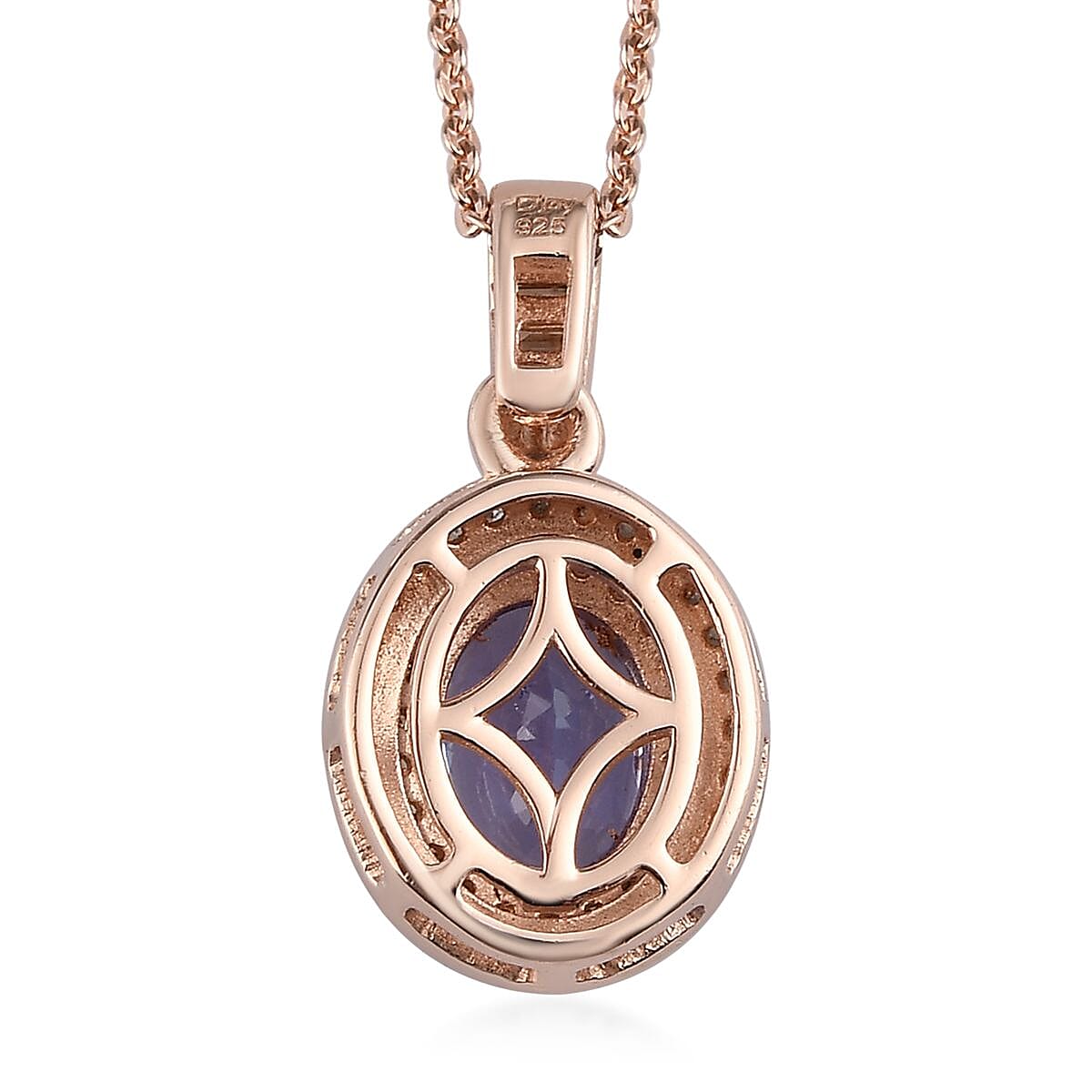 Tanzanite, Natural White and Champagne Diamond Halo Pendant Necklace 20 Inches in Vermeil Rose Gold Over Sterling Silver 1.40 ctw