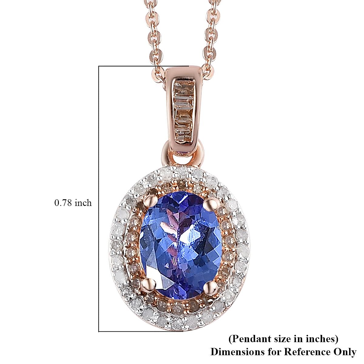 Tanzanite, Natural White and Champagne Diamond Halo Pendant Necklace 20 Inches in Vermeil Rose Gold Over Sterling Silver 1.40 ctw