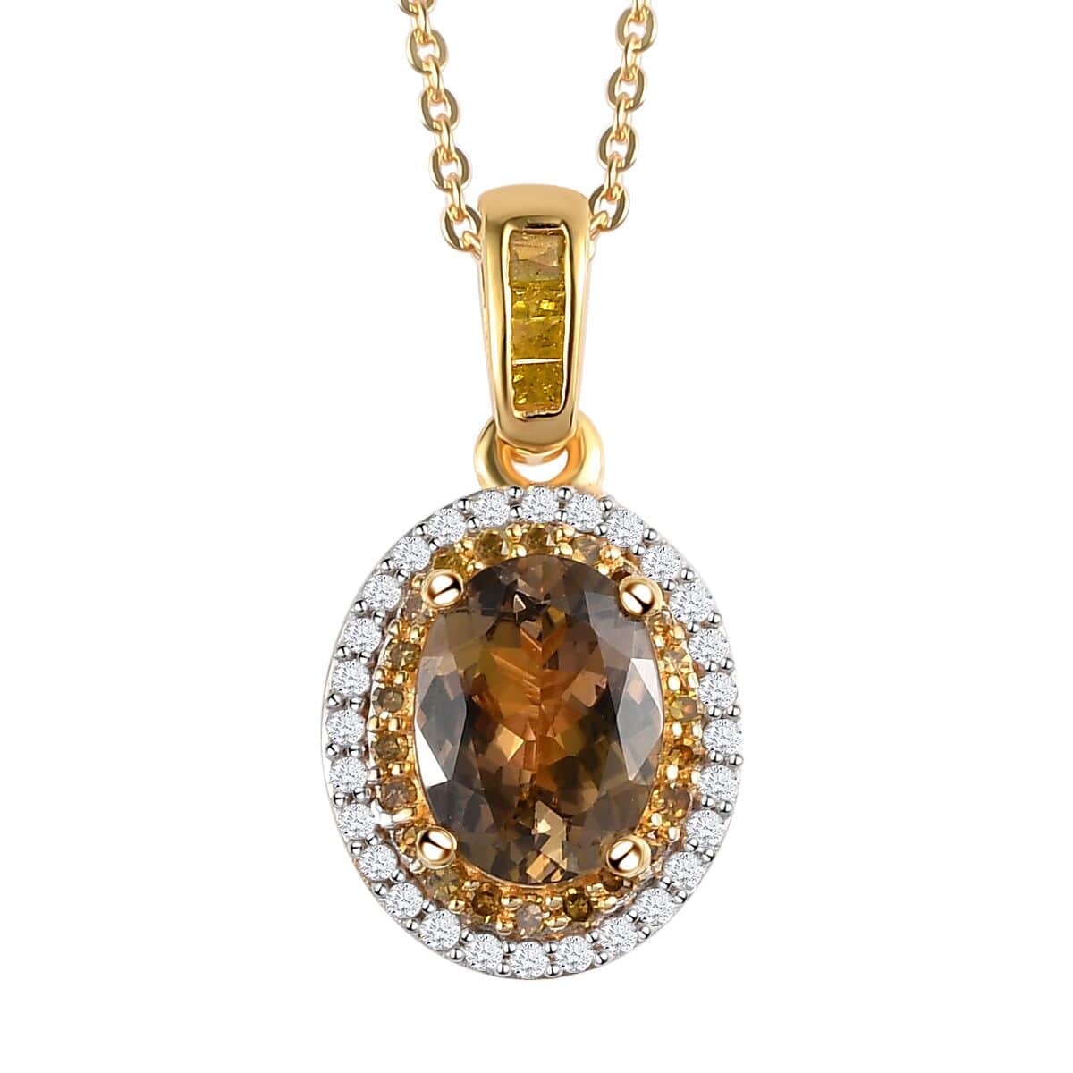 Golden Tanzanite, Yellow Diamond and Diamond Halo Pendant Necklace 20 Inches in Vermeil Yellow Gold Over Sterling Silver 1.65 ctw image number 0